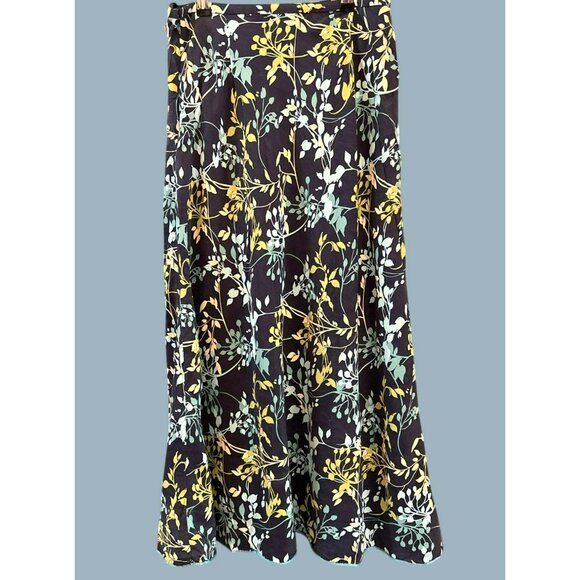 Vintage Y2K Valerie Stevens Navy Blue Green Leaf Print Silk Maxi Skirt Size 10 - Picture 3 of 6